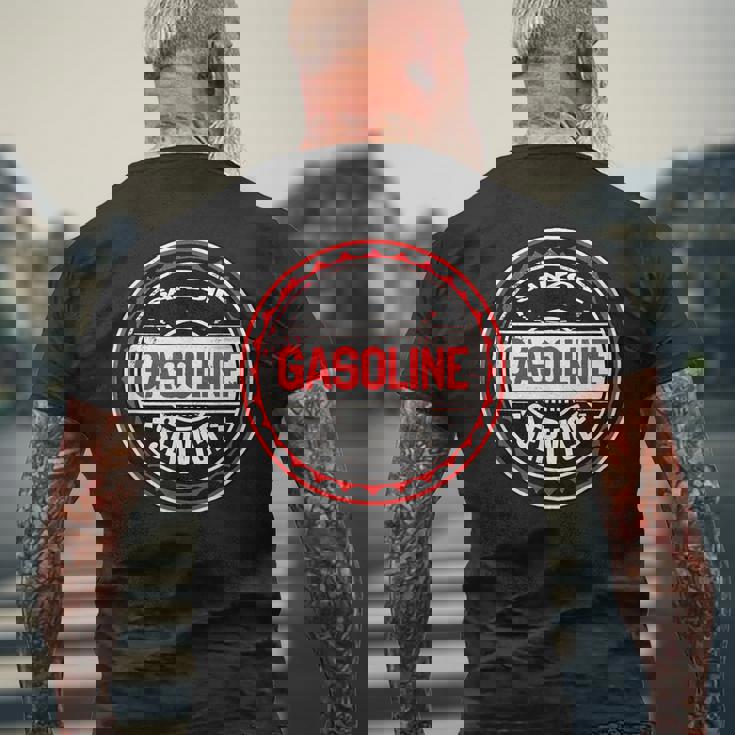 レトロヴィンテージガソリンスタンドanzoil モーターオイル 車 バイク ガレージ メンズTシャツ バックプリント 高齢者への贈り物