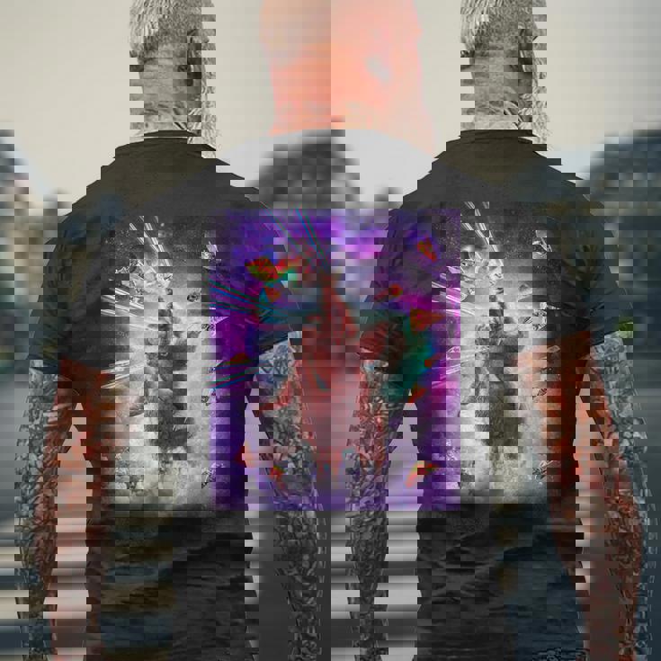 レーザーアイズスペースキャットライディングナマケモノ、ラマ-レインボー メンズTシャツ バックプリント 高齢者への贈り物