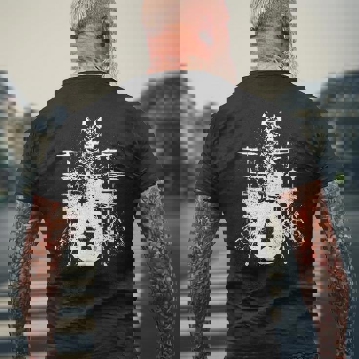 ロックスター ドラマー 猫 ドラム演奏 ミュージシャン バンド 音楽好き メンズTシャツ バックプリント 高齢者への贈り物