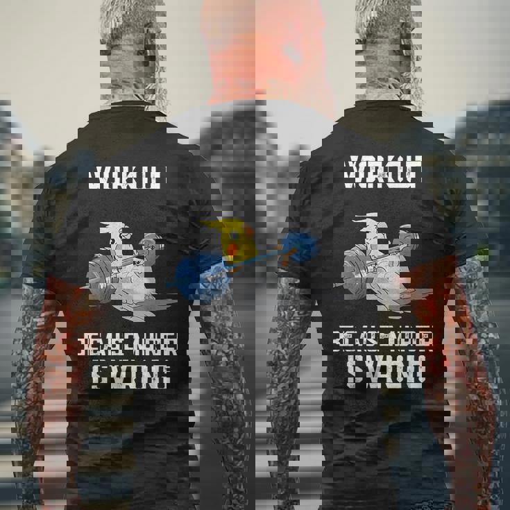 ワークアウト Because Murder Is Wrong 面白いオウム オカメインコ 鳥 メンズTシャツ バックプリント 高齢者への贈り物