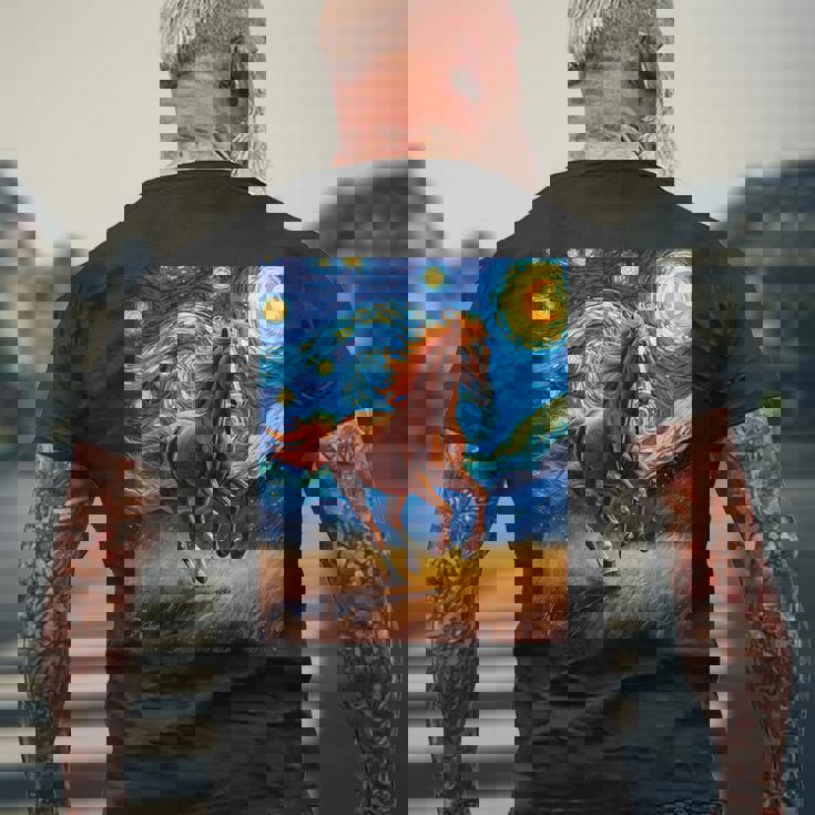 ヴァンゴッホの星空の夜ワイルドホースマスタングアニマル愛好家 メンズTシャツ バックプリント 高齢者への贈り物