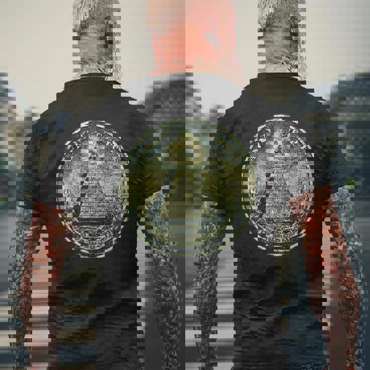 ヴィンテージ ドルビル ノート オールシーイング アイ イルミナティ メンズTシャツ バックプリント 高齢者への贈り物