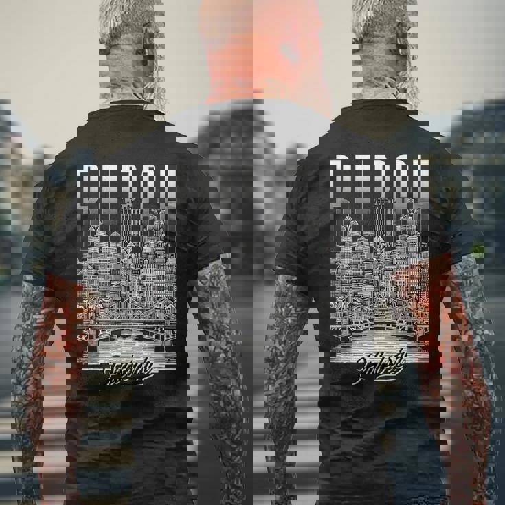 ヴィンテージ ピッツバーグ スカイライン ドローイング バーグ スチール シティ ブリッジ メンズTシャツ バックプリント 高齢者への贈り物