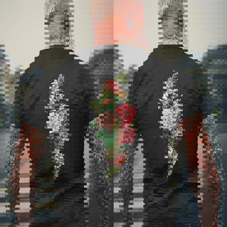 ヴィンテージ フローラル ボタニカル ピンク レッド ホワイト ローズ メンズTシャツ バックプリント 高齢者への贈り物