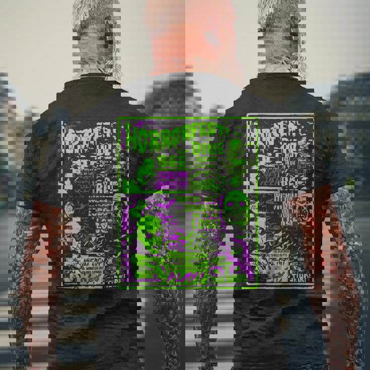 ヴィンテージホラーフェス ハロウィン映画ポスター オールドタイムホラー メンズTシャツ バックプリント 高齢者への贈り物