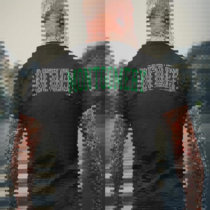 ヴィンテージモンゴメリーilアンティーク調グリーンバーシティスタイル メンズTシャツ バックプリント 高齢者への贈り物