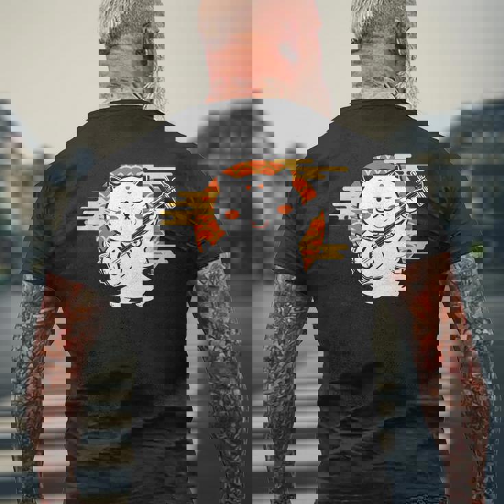 三味線で遊ぶ猫 メンズTシャツ バックプリント 高齢者への贈り物