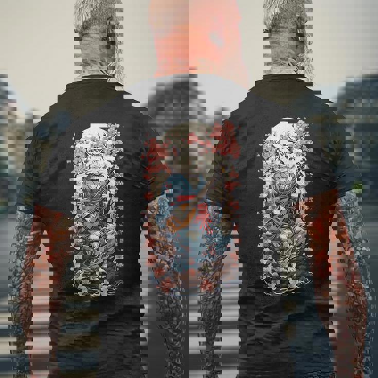 三味線猫 ヴィンテージ 日本 鬼 デザイン メンズTシャツ バックプリント 高齢者への贈り物