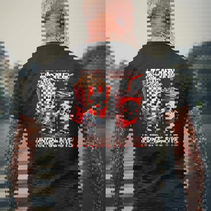 不気味なハロウィン映画愛好家 ホラー映画を見よう メンズTシャツ バックプリント 高齢者への贈り物