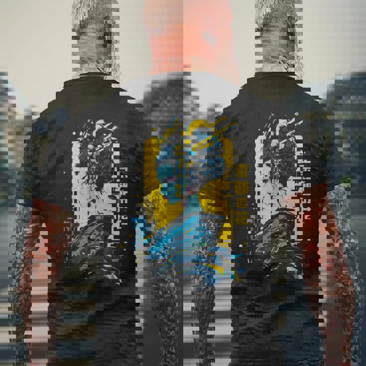 京の花、芸者イラスト サイバーパンク風 メンズTシャツ バックプリント 高齢者への贈り物