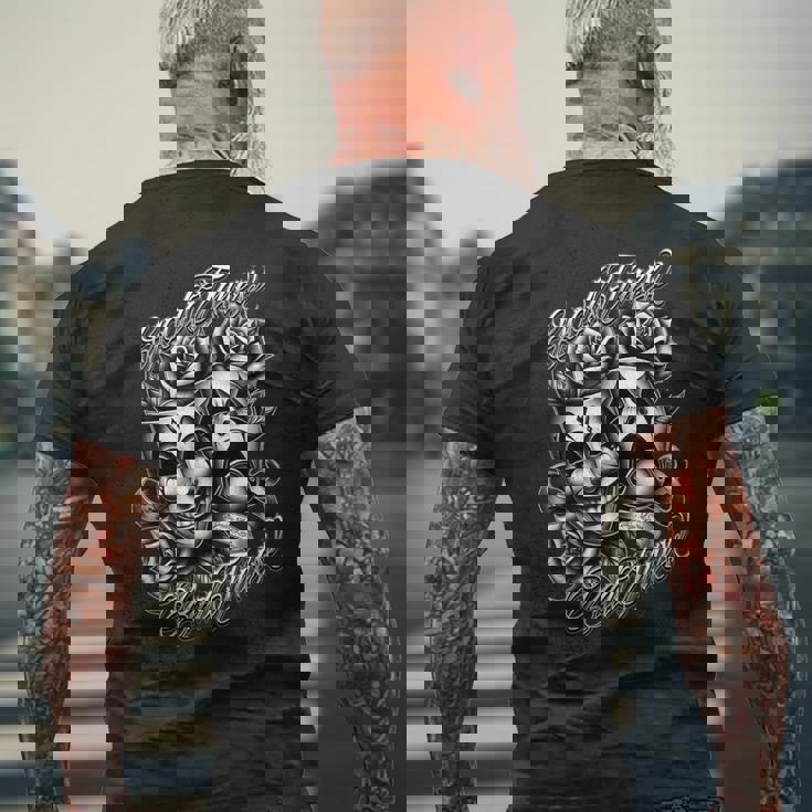 今笑って、後で泣こう。タトゥー チカーノ・アート ピエロの仮面 ローライダー メンズTシャツ バックプリント 高齢者への贈り物