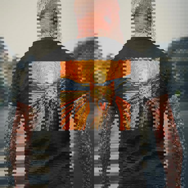 叫ぶ猫、エドヴァルド・ムンク風、面白い猫 メンズTシャツ バックプリント 高齢者への贈り物