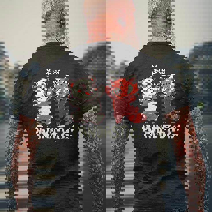 君はパンダスティックだよハイタッチのレッサーパンダとパンダ メンズTシャツ バックプリント 高齢者への贈り物