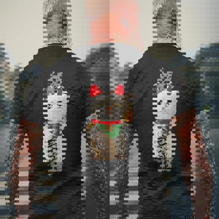 和風招き猫デザイン 縁起物アート 招福と金運アップ メンズTシャツ バックプリント 高齢者への贈り物