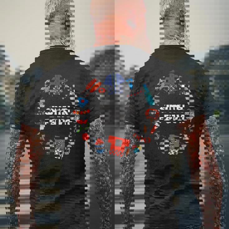 夏まつり かき氷 金魚 うちわ はっぴ りんごあめ 提灯 風鈴 ヨーヨー メンズTシャツ バックプリント 高齢者への贈り物