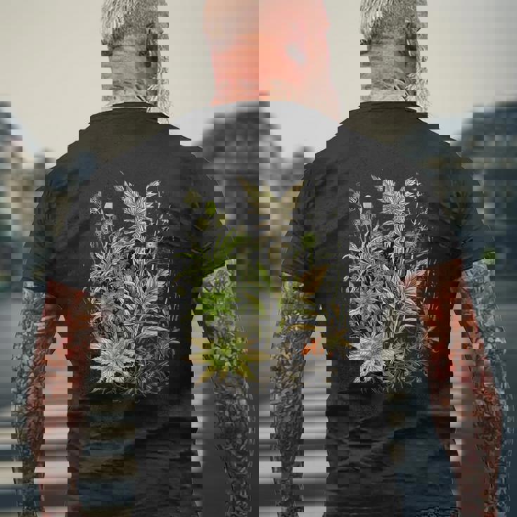 大麻植物とつぼみ 420 草 麻 サティバ インディカ ポットヘッド メンズTシャツ バックプリント 高齢者への贈り物