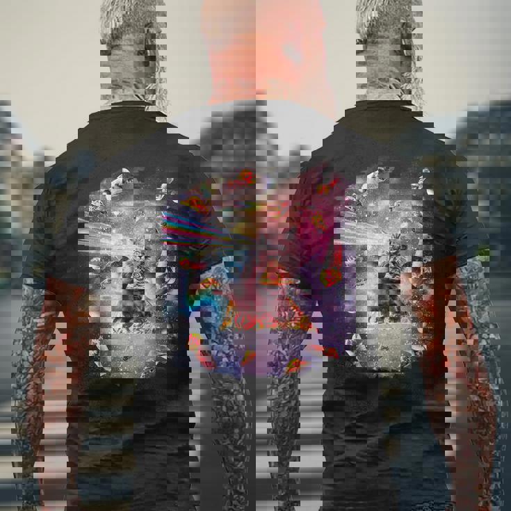 宇宙ピザ猫-レインボーレーザー、タコス、ブリトー メンズTシャツ バックプリント 高齢者への贈り物