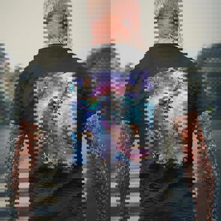 宇宙猫 乗馬サメ ギャラクシー レインボーキャット オンシャークス メンズTシャツ バックプリント 高齢者への贈り物