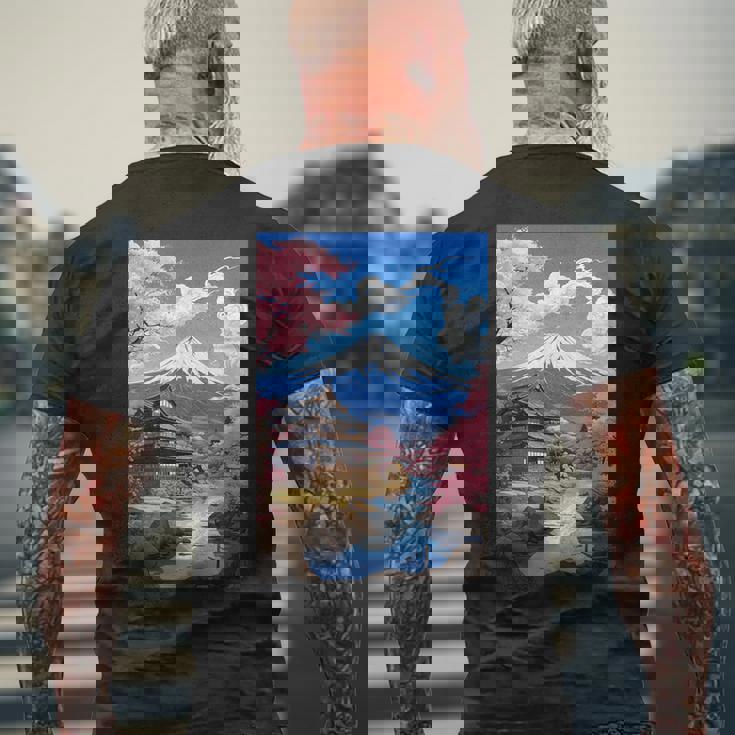 寺と富士山のある日本の風景 メンズTシャツ バックプリント 高齢者への贈り物