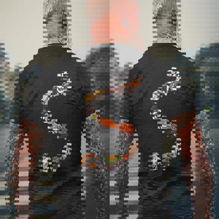 寿司 の 電車 すし いくら サーモン たまご 鉄火巻き メンズTシャツ バックプリント 高齢者への贈り物