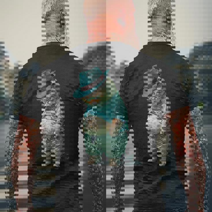 帽子をかぶった面白い太った猫 Ia アート デザイン太った子猫猫愛好家 メンズTシャツ バックプリント 高齢者への贈り物