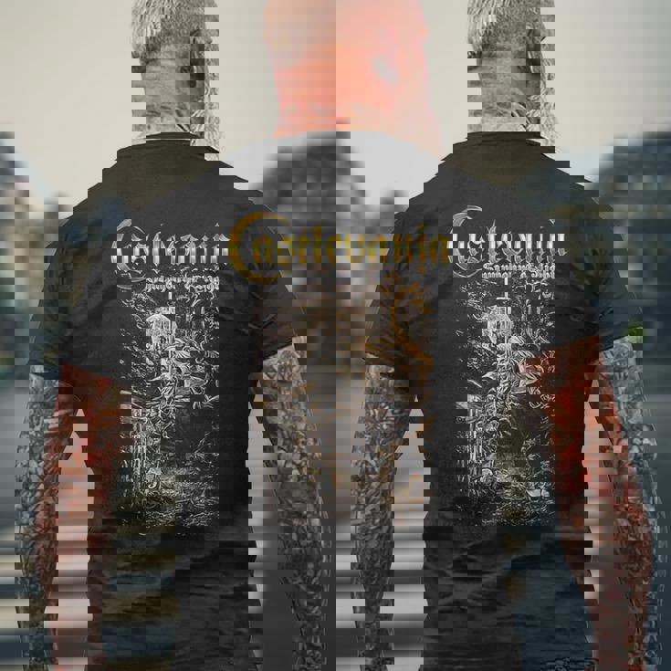 悪魔城ドラキュラ シンフォニーボックス アート ゴシック 月 夜 レトロ ゲーマー メンズTシャツ バックプリント 高齢者への贈り物