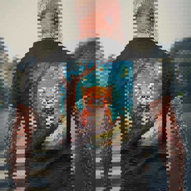 愛らしいレッサーパンダとティーカップの星月夜イラスト メンズTシャツ バックプリント 高齢者への贈り物