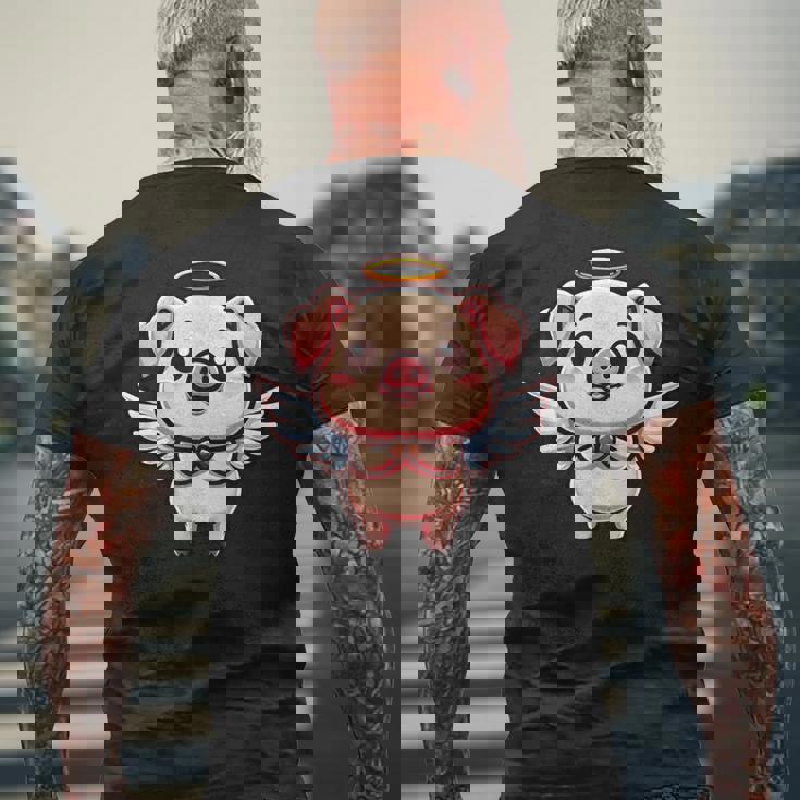 愛らしい天使の豚の漫画とハロー。 メンズTシャツ バックプリント 高齢者への贈り物