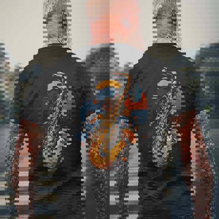 抽象音楽家 ジャズ サックス プレーヤー カラフル メンズTシャツ バックプリント 高齢者への贈り物