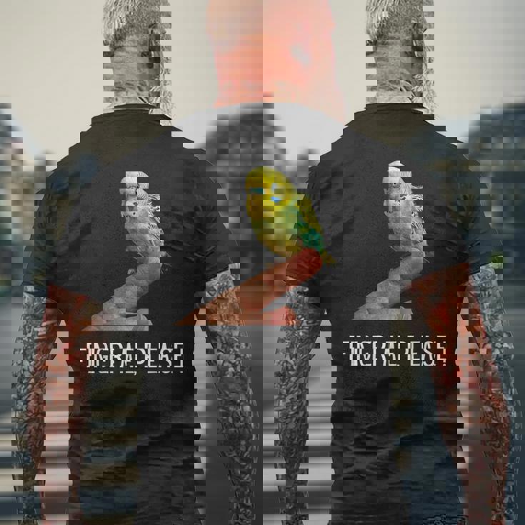 指の上のセキセイインコ 楽しいインコ セキセイインコ 鳥好きのギフト メンズTシャツ バックプリント 高齢者への贈り物