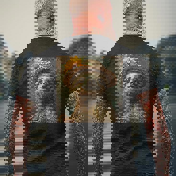 日よけ帽子をかぶったかわいいナマケモノ、面白いナマケモノ メンズTシャツ バックプリント 高齢者への贈り物