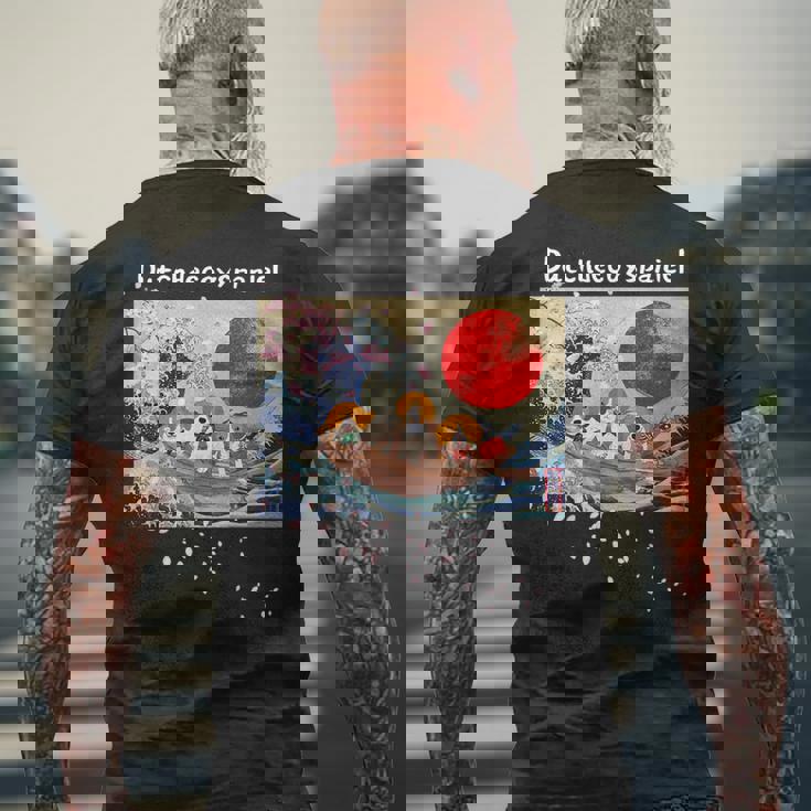 日本 版画 ダッチ デコイ スパニエル デコピン 神奈川の波 海 桜 メンズTシャツ バックプリント 高齢者への贈り物