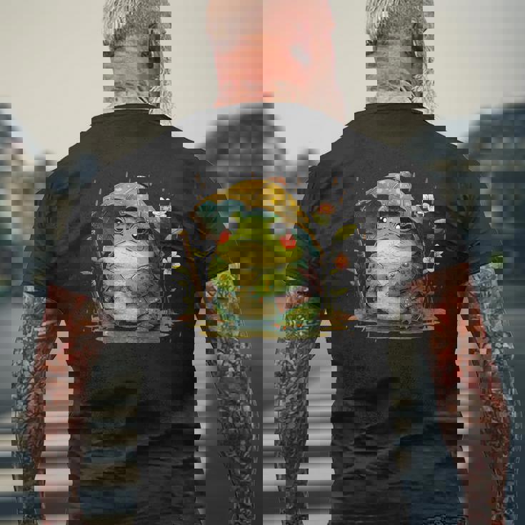 日本のかわいいコテージコアフロッグ 不機嫌な日本のカエル メンズTシャツ バックプリント 高齢者への贈り物