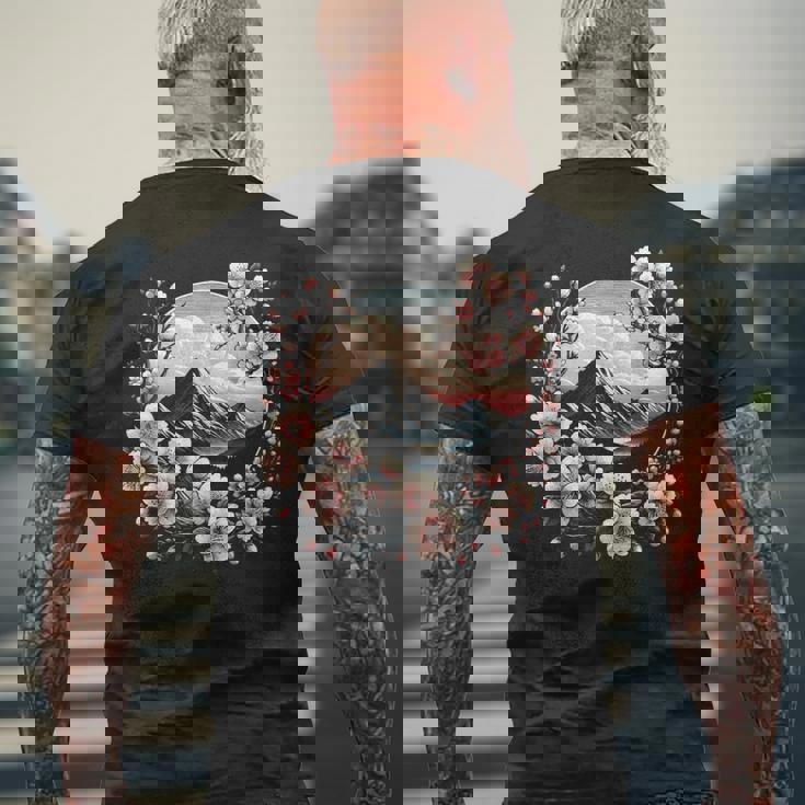 日本の桜 ピンク 桜 富士山 自然 アート メンズTシャツ バックプリント 高齢者への贈り物