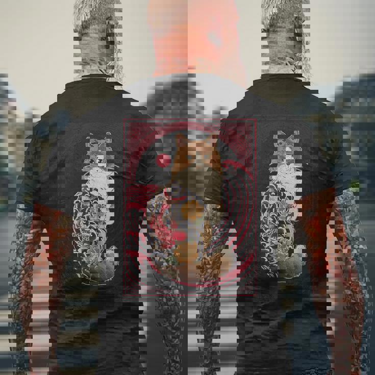 日本の鯉タトゥー猫アート美的ヴィンテージライジングサン メンズTシャツ バックプリント 高齢者への贈り物