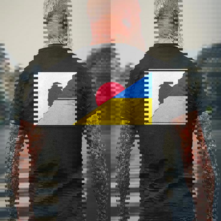 日本ウクライナ国旗日本語ウクライナサポートスタンド付き メンズTシャツ バックプリント 高齢者への贈り物