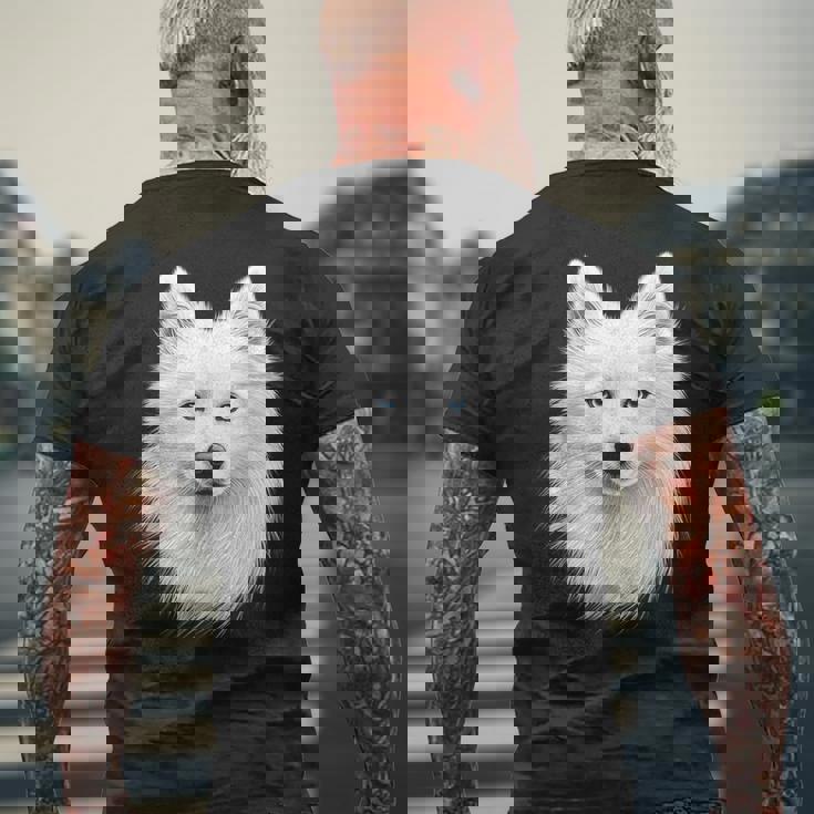 日本スピッツ 犬 モチーフ ペットアート 青い目 日本スピッツ メンズTシャツ バックプリント 高齢者への贈り物