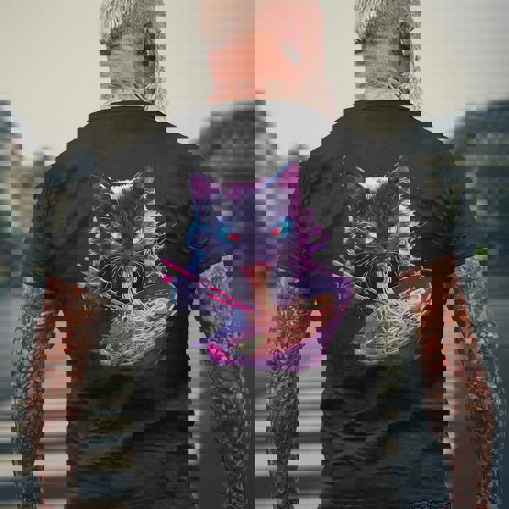 日本美術 ラーメン 猫 忍者 シンセウェーブ スタイル サムライキャット メンズTシャツ バックプリント 高齢者への贈り物