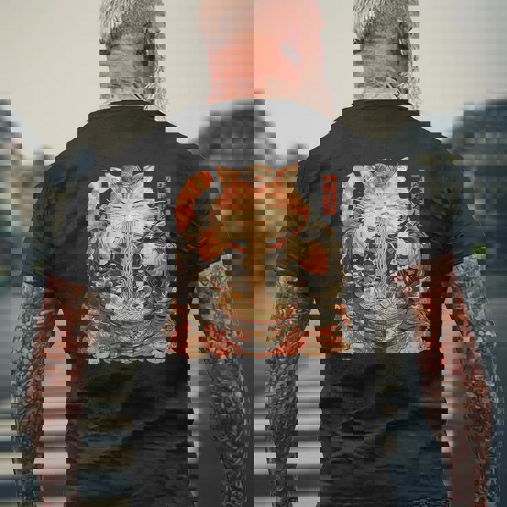 日本美術 ラーメン 猫 忍者 浮世絵 アニメ風 侍猫 メンズTシャツ バックプリント 高齢者への贈り物