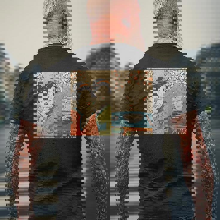 日本美術 桜猫と寿司 メンズTシャツ バックプリント 高齢者への贈り物