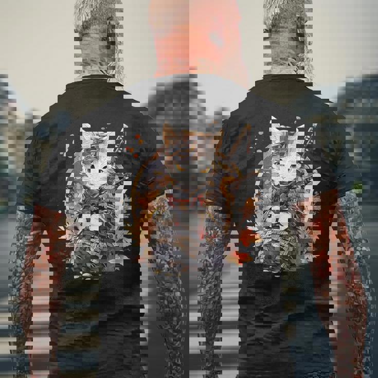 日本美術 猫 忍者 浮世絵 アニメ風 侍猫 メンズTシャツ バックプリント 高齢者への贈り物