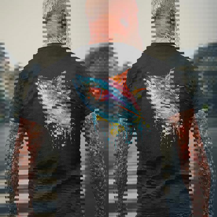 水彩 マグロ 魚 カラフル 海釣り 釣り メンズTシャツ バックプリント 高齢者への贈り物