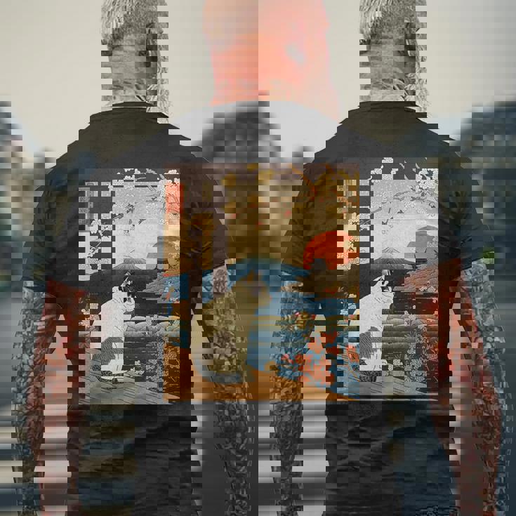 浮世絵 アート 神奈川 ヴィンテージ 日本のタトゥーアート 猫 グラフィック メンズTシャツ バックプリント 高齢者への贈り物