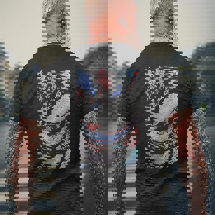 深海の海の生き物 オールフィッシュホエールサメ 水彩画 メンズTシャツ バックプリント 高齢者への贈り物