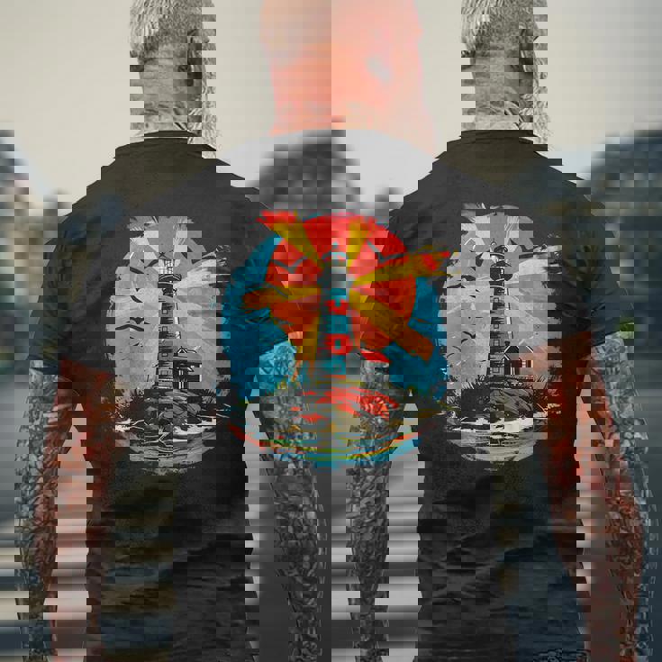 灯台 シーサイド ハウス セーリング 海 ビーチ ボート メンズTシャツ バックプリント 高齢者への贈り物