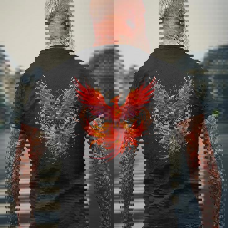 炎 フェニックス 鳥 若返り 神話 鳥 鳳凰 ライジング メンズTシャツ バックプリント 高齢者への贈り物