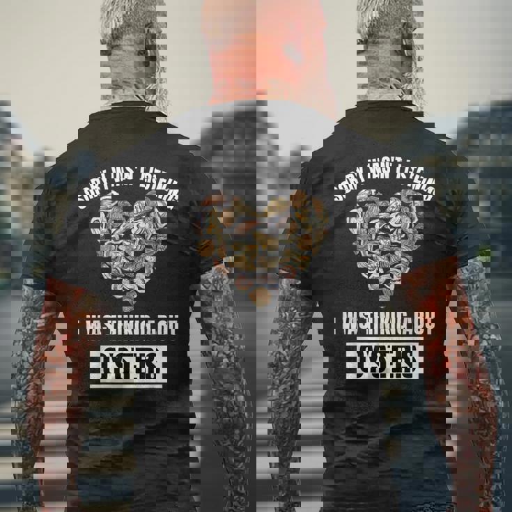 牡蠣好きにはごめんなさい、牡蠣のことを考えて聞いていませんでした メンズTシャツ バックプリント 高齢者への贈り物