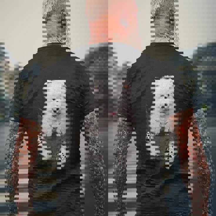 犬好きの方へのギフト サモエド ポケットに入った面白い犬の顔 メンズTシャツ バックプリント 高齢者への贈り物