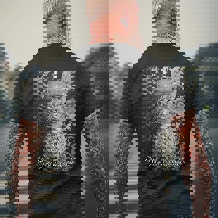 猫 モノクロ 写真 おしゃれ 可愛い 個性的 ハロウィン かぼちゃ メンズTシャツ バックプリント 高齢者への贈り物