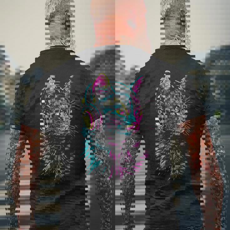 猫 動物 モチーフ 音楽 ヘッドホン イラスト 猫 メンズTシャツ バックプリント 高齢者への贈り物